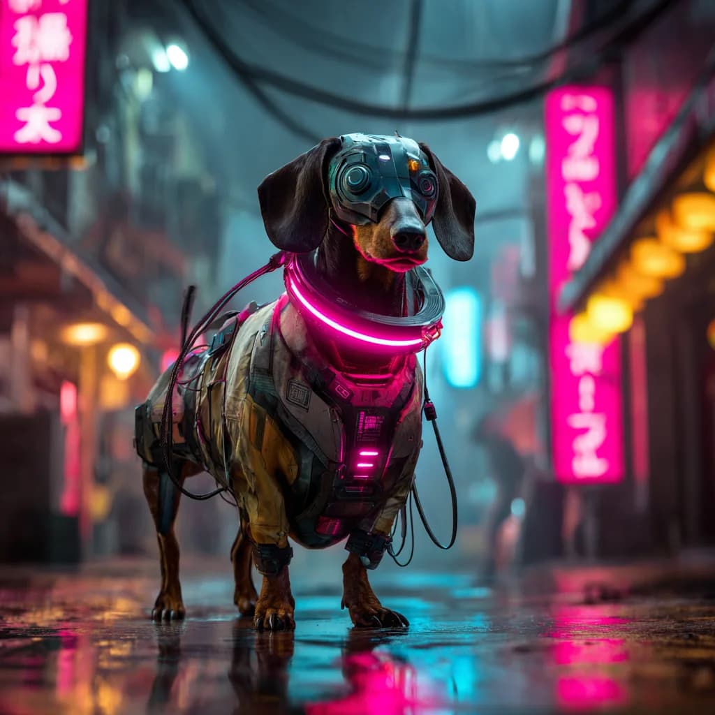 Cyber-Dackel in der Neon-Zukunft