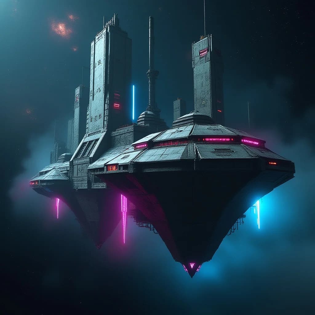 Brutalistische Raumstation im Neonlicht