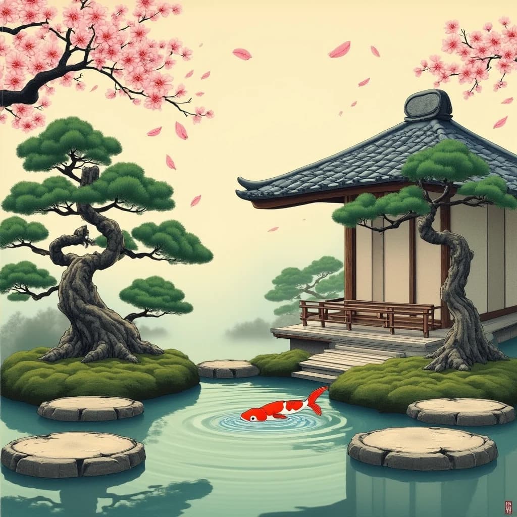 Traditioneller Japanischer Teegarten im Ukiyo-e Stil