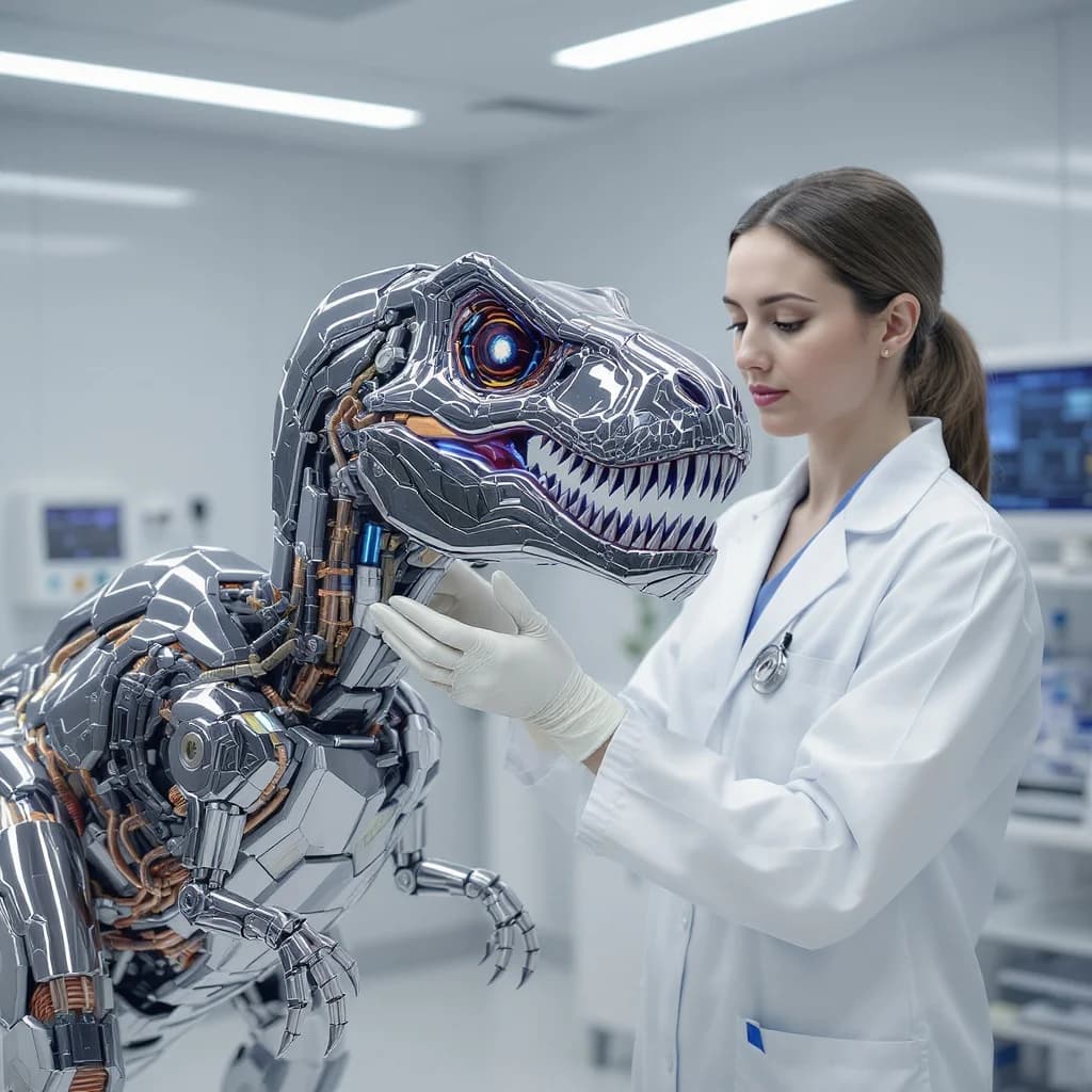 Roboter-Dinosaurier in futuristischer Tierklinik