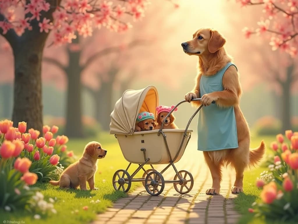 Hunde-Nanny mit Welpen-Kinderwagen