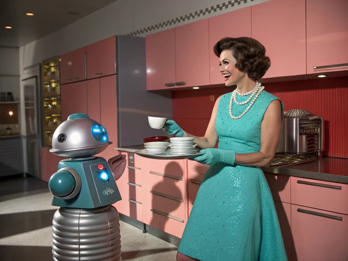 Retro-Zukunft: Hausfrau mit Roboter-Butler