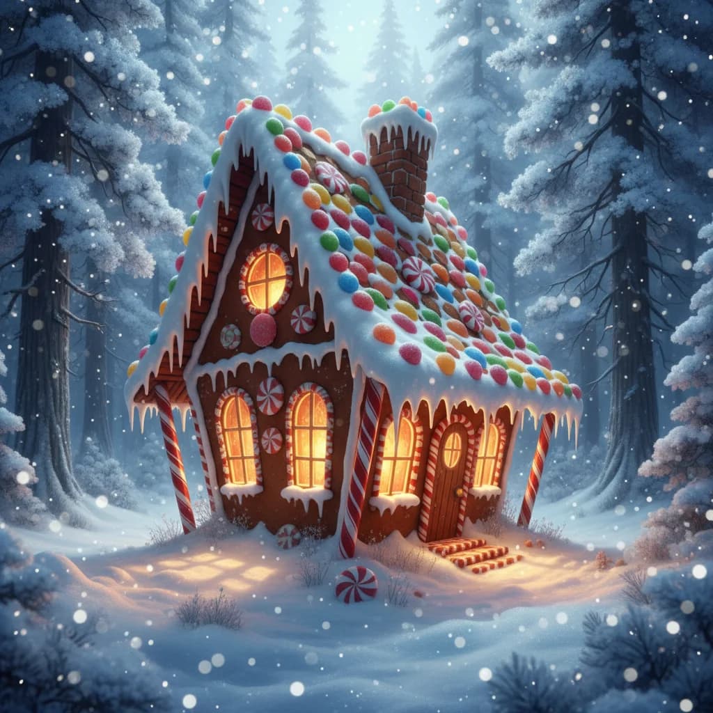 Magisches Lebkuchenhaus im Winterwald