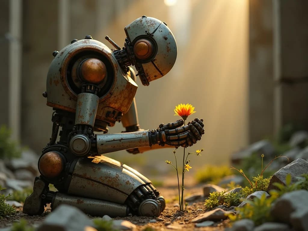 Roboter schützt Blume in Ruinen
