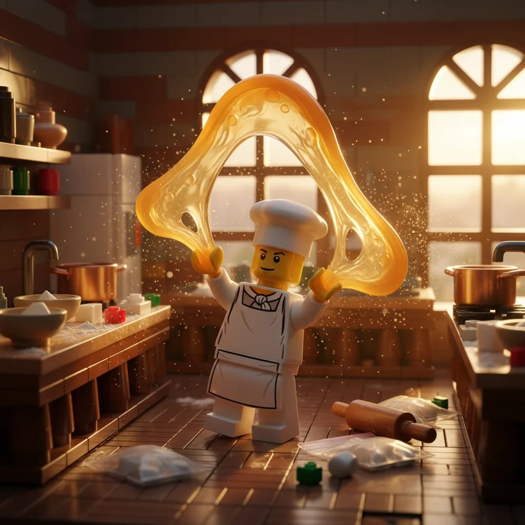Chaotischer Lego-Koch im Pizzateig-Kampf