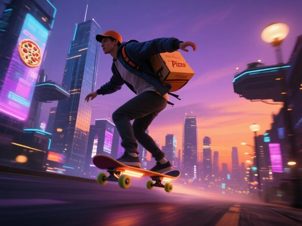 Futuristischer Pizzabote auf fliegendem Skateboard