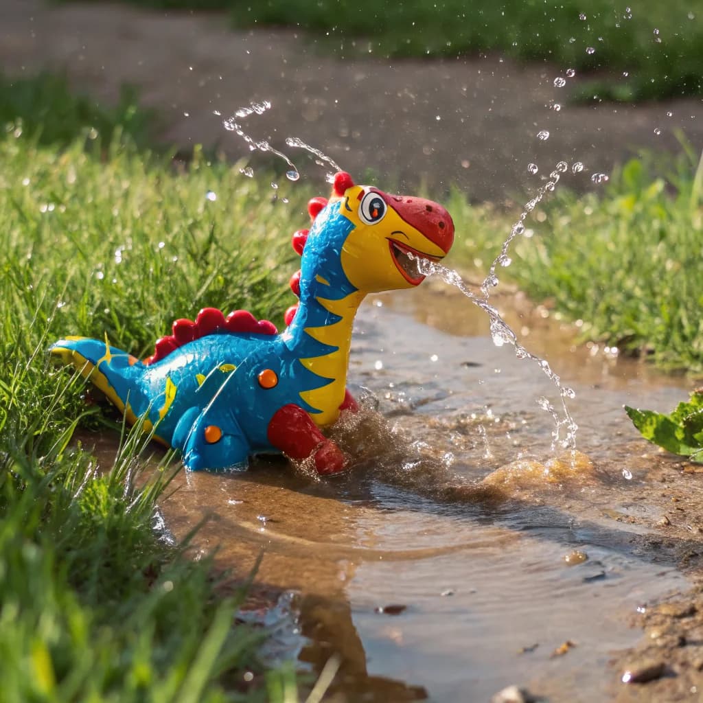 Vinyl-Dino im Schlammbad nach Regenschauer