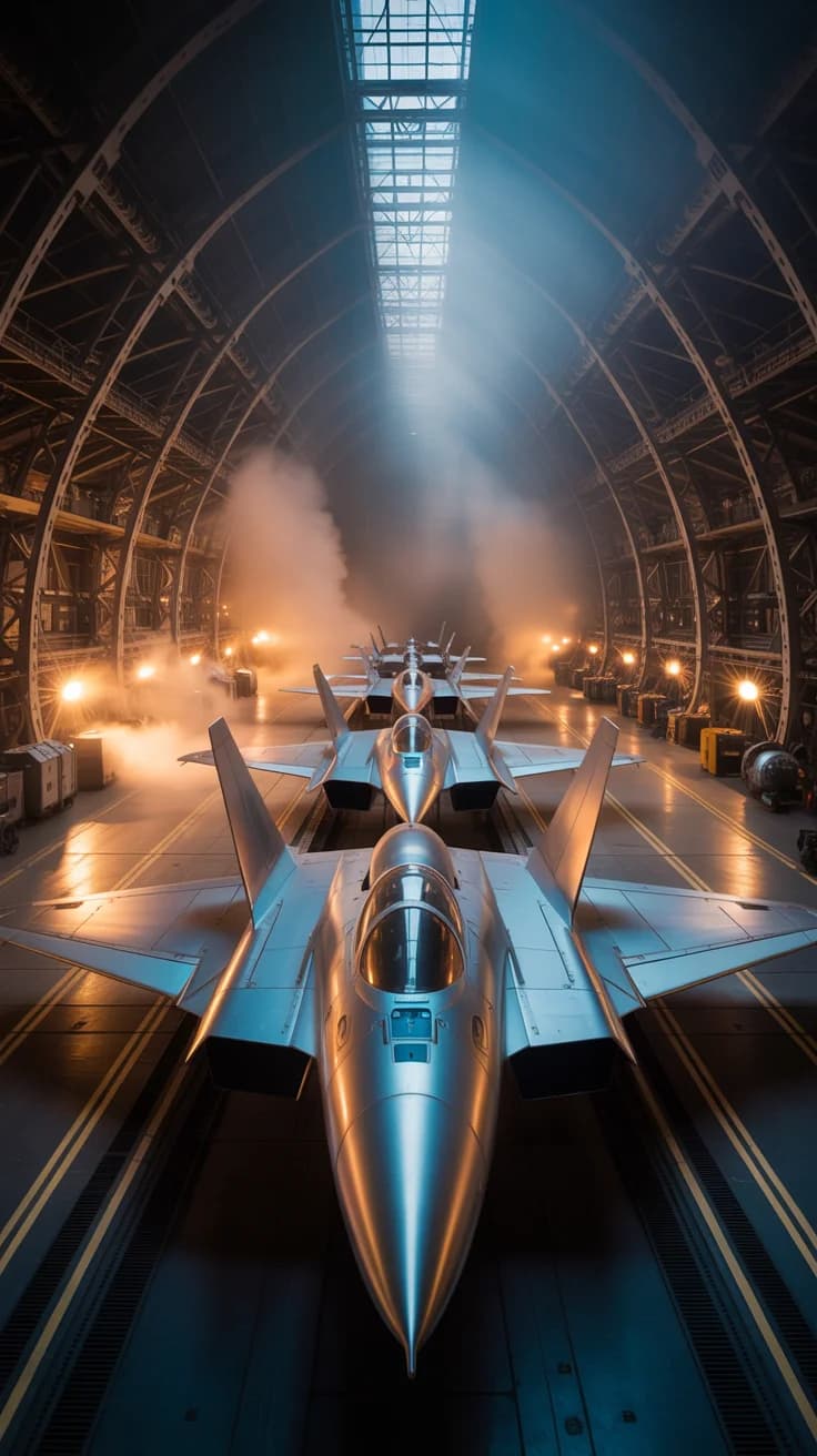 Futuristischer Raumschiff-Hangar mit Sternjägern