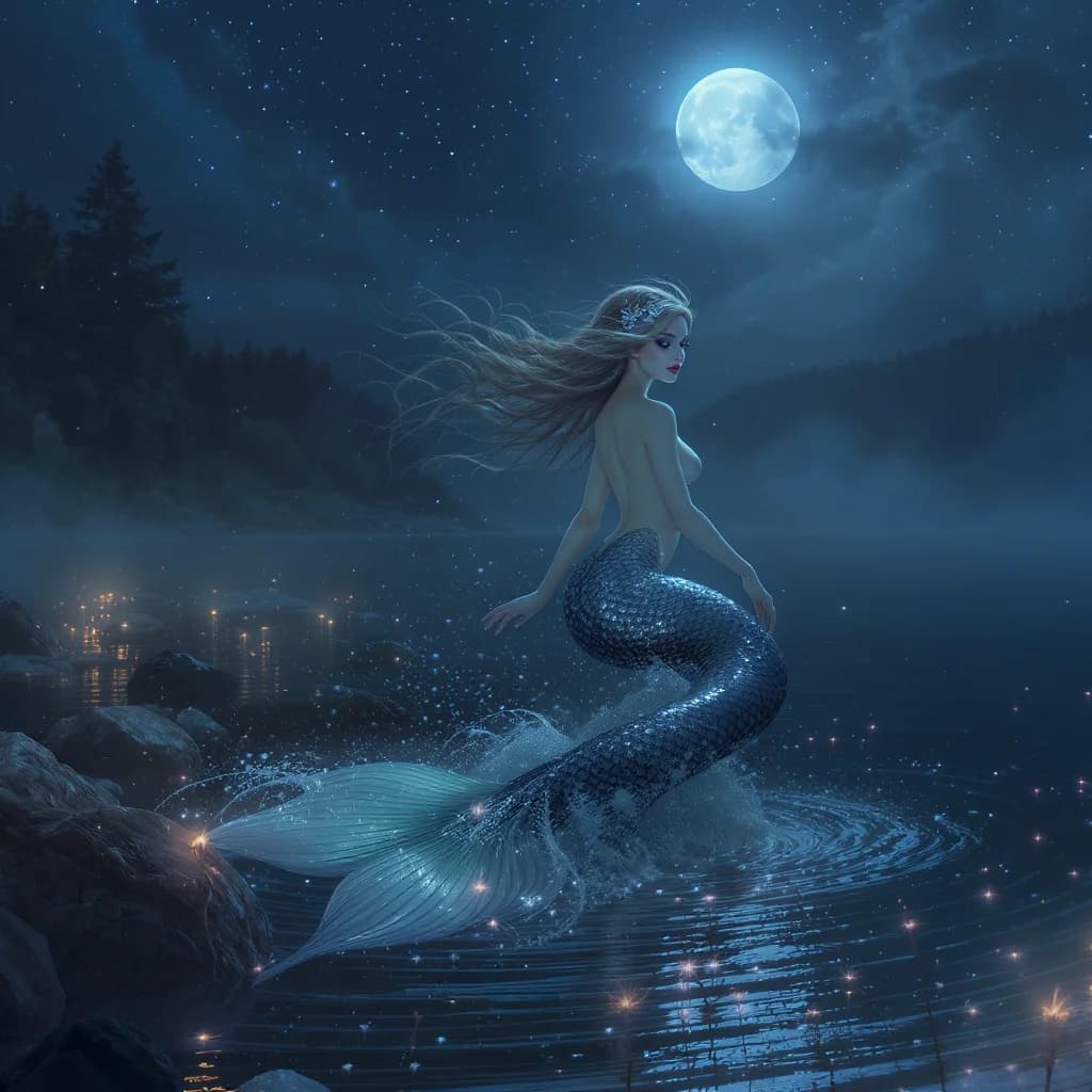 Sirene im mondscheinbeleuchteten See