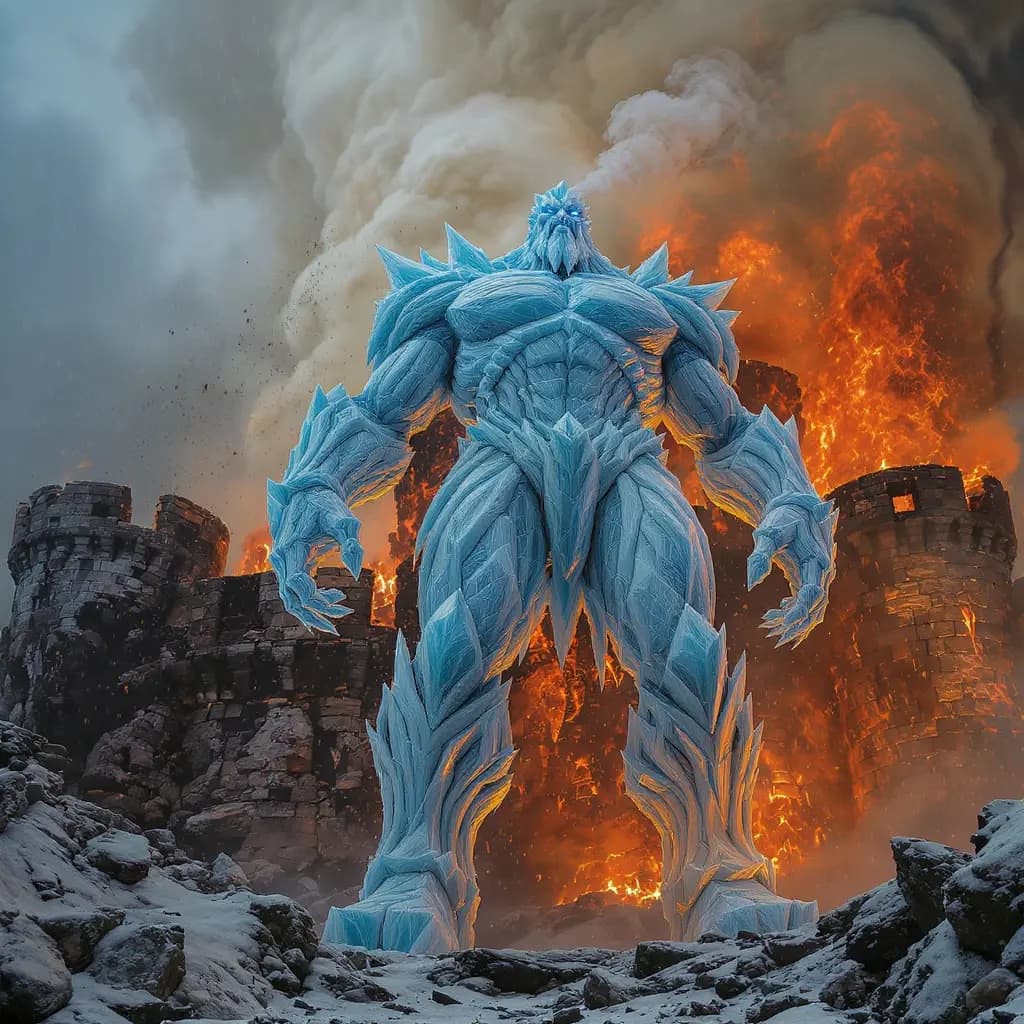 Eisriese vor brennender Festung