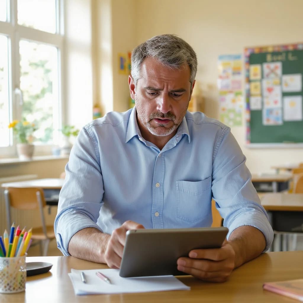 Verzweifelter Lehrer kämpft mit Tablet