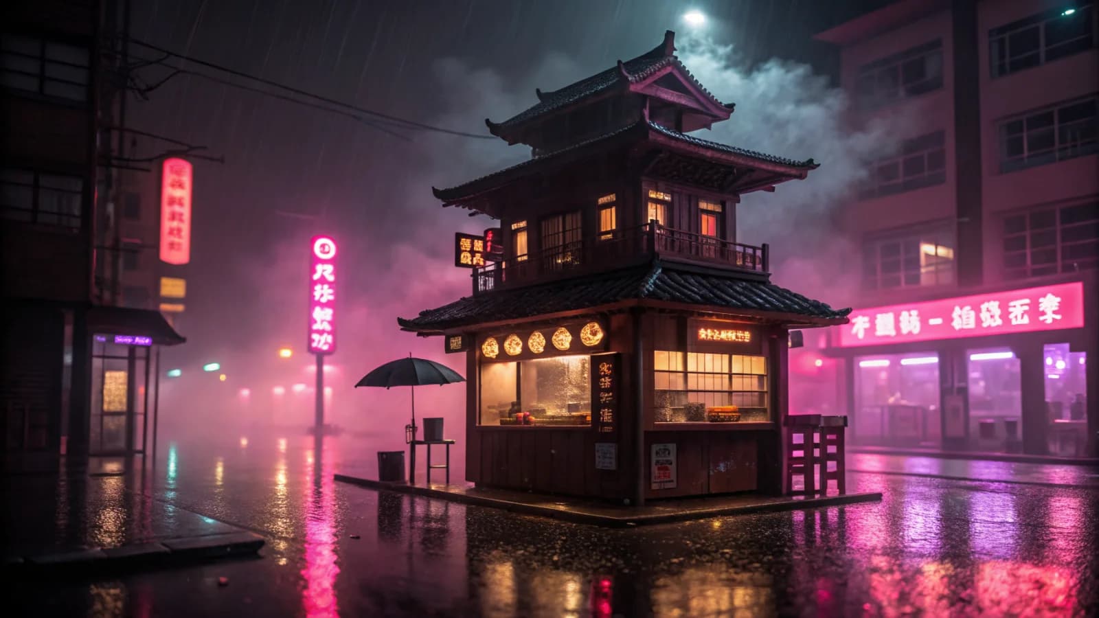 Neon-Ramen in verlassener Spielzeug-Pagoda