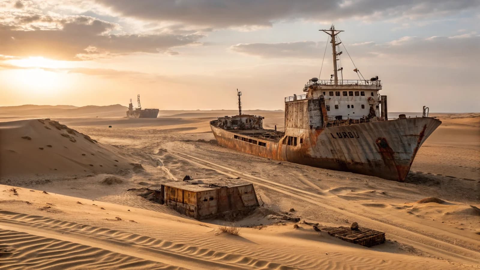 Verlassener Frachter-Schrottplatz in glühender Wüste