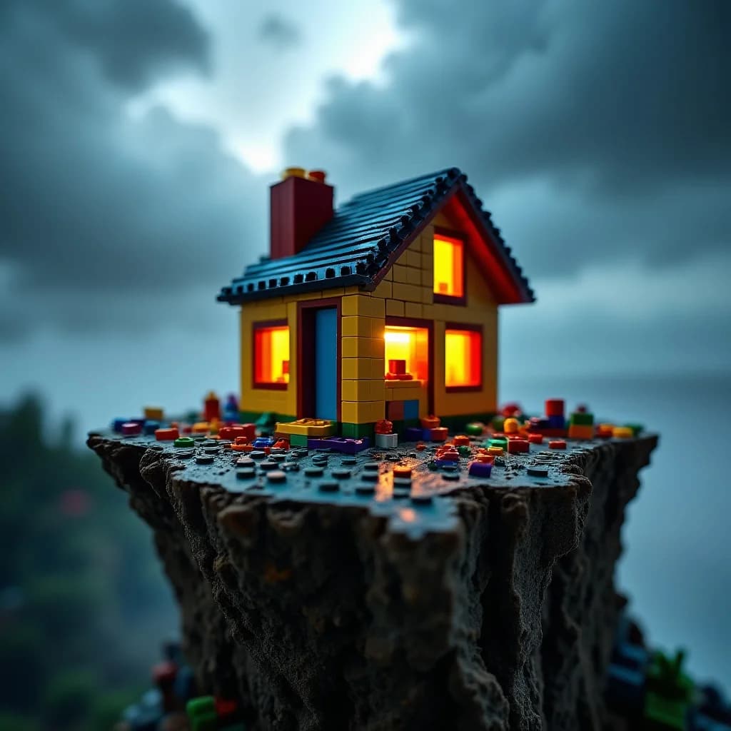 Verlassenes Lego-Haus an dramatischer Spielzeug-Klippe