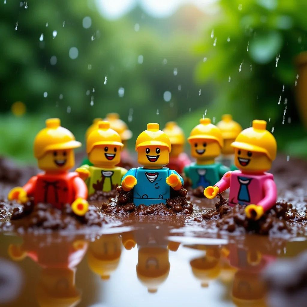 Lego-Minifiguren im Garten-Schlammbad