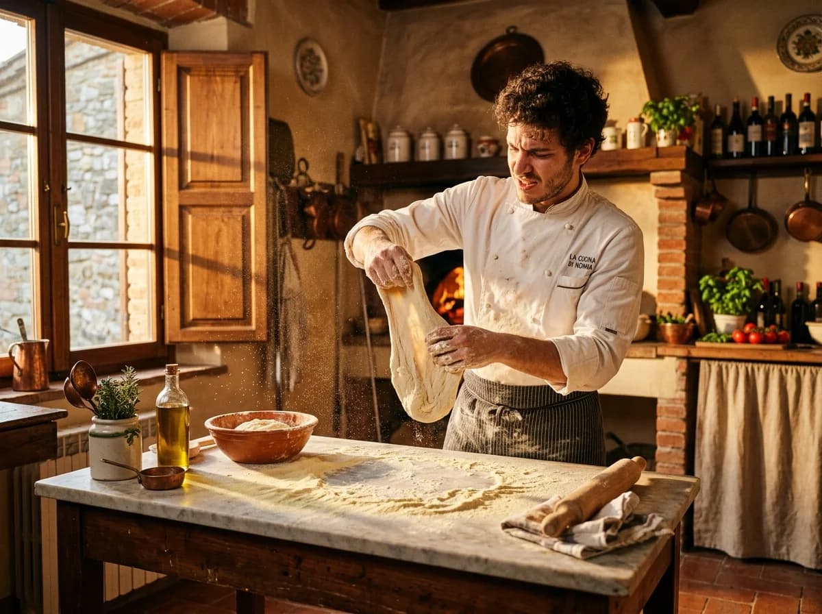 Pizzabäcker kämpft mit klebrigem Teig