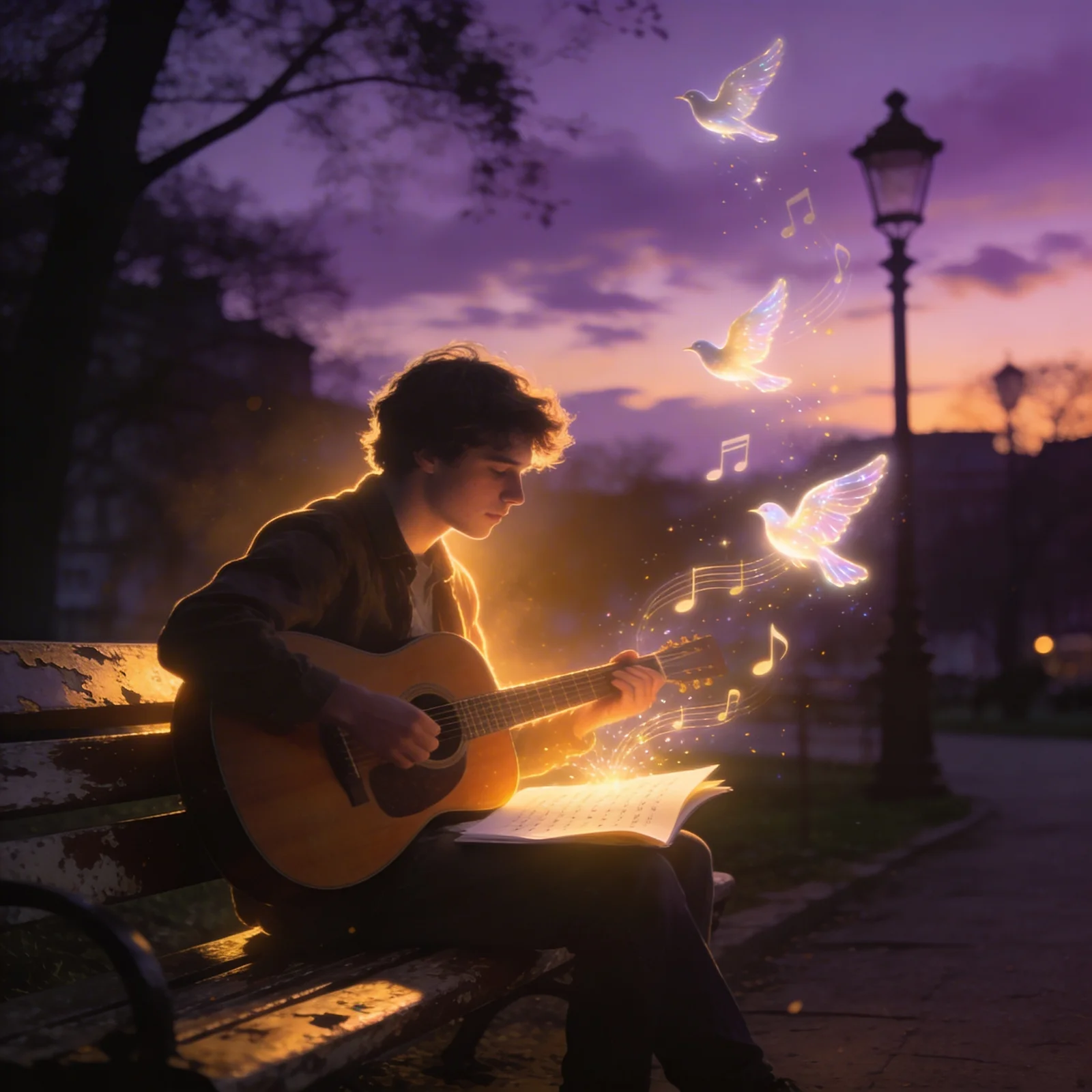 Magische Noten als Vögel im Abendpark