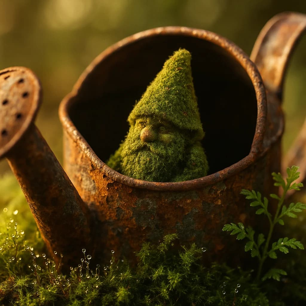 Moos-Gnom in alter Gießkanne