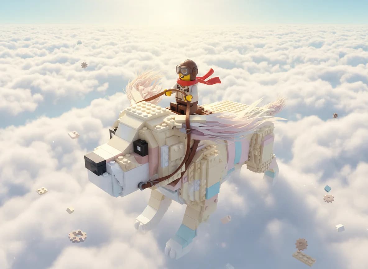 Lego-Pilotin auf fliegendem Riesenhund