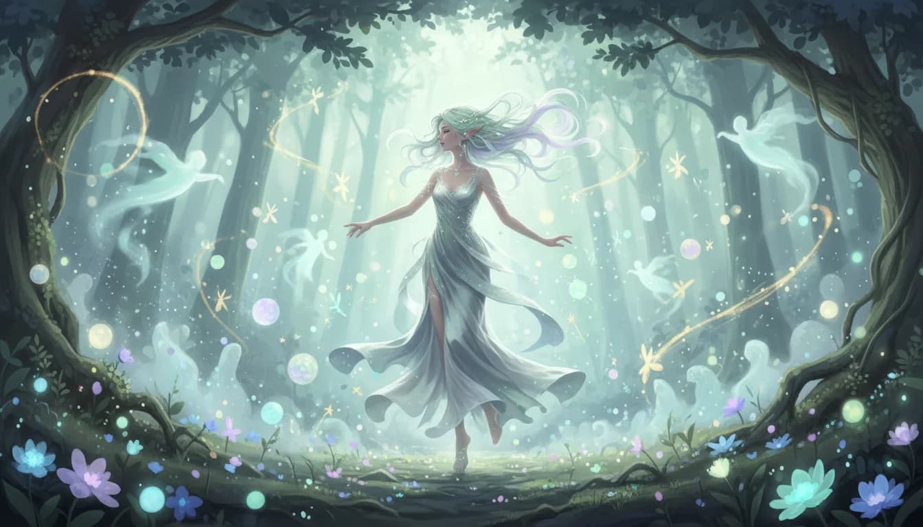 Tanzende Waldnymphe mit Lichtwesen