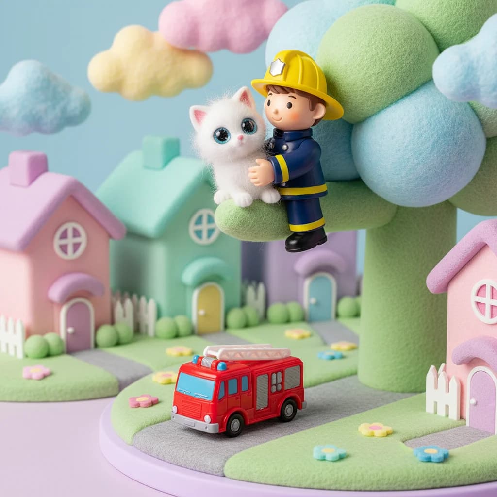 Spielzeug-Feuerwehrmann rettet Kätzchen