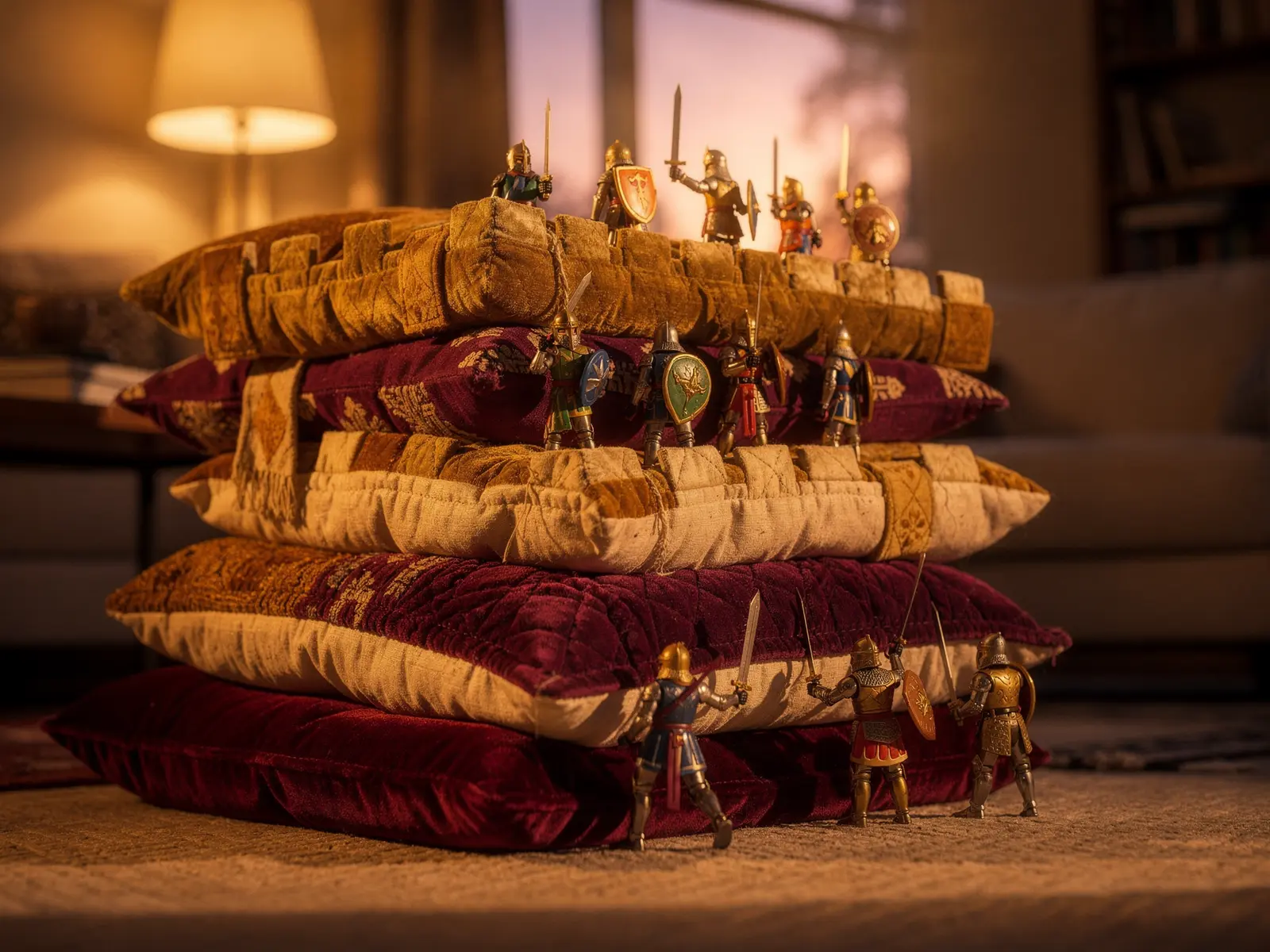 Plastik-Ritter verteidigen Kissen-Burg