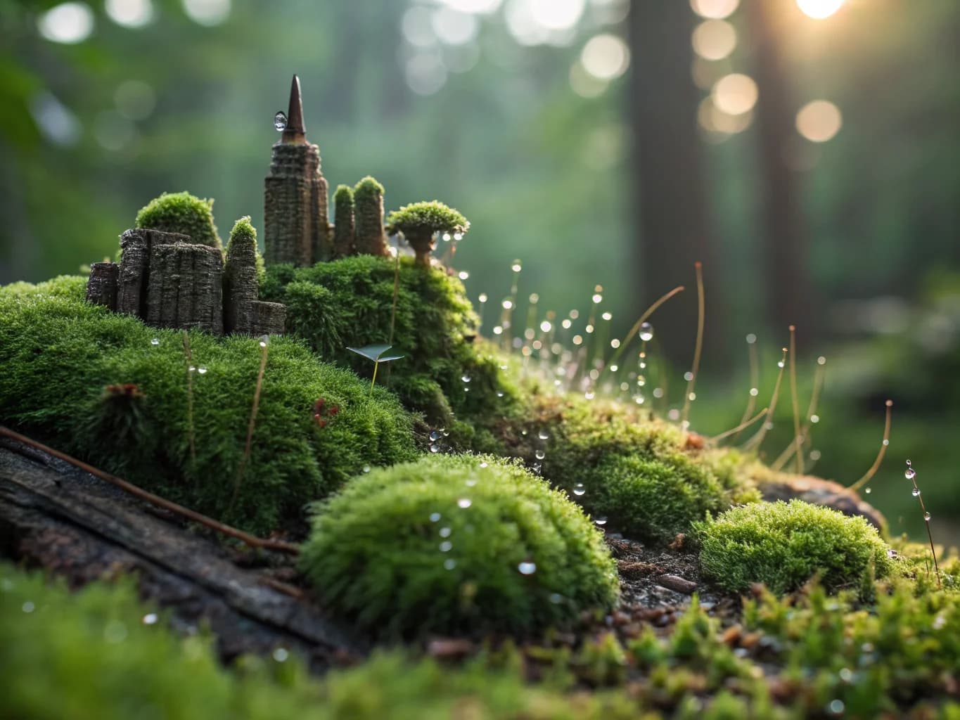 Miniatur-Moosstadt mit Tautropfen-Kuppeln