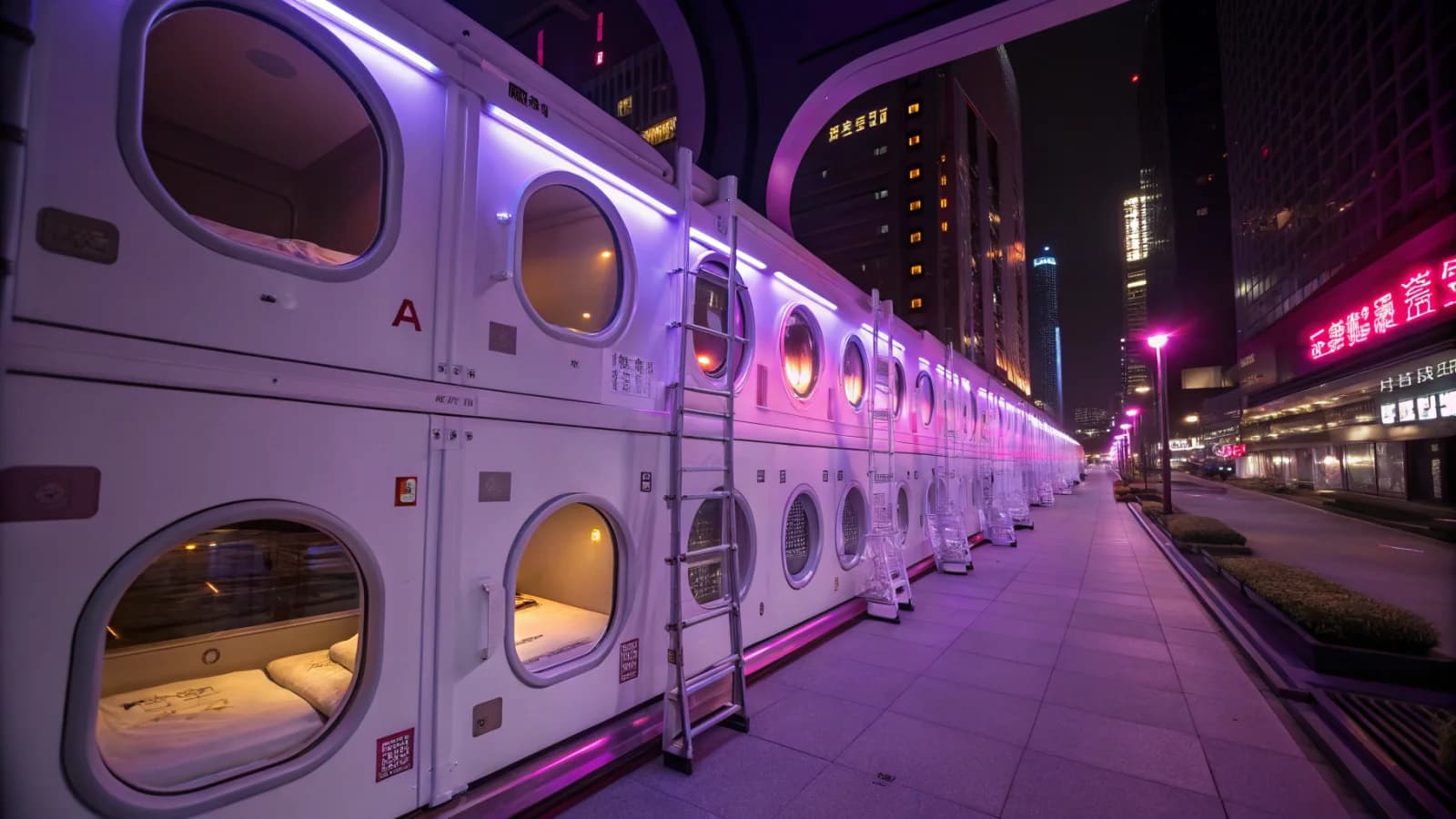 Futuristische Kapsel-Hotels bei Nacht