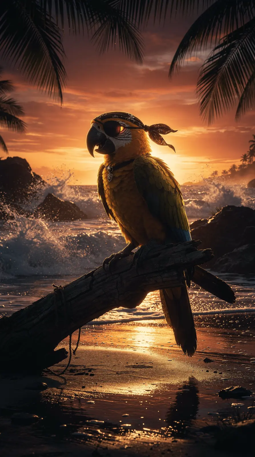 Piraten-Papagei mit Augenklappe bei Sonnenuntergang