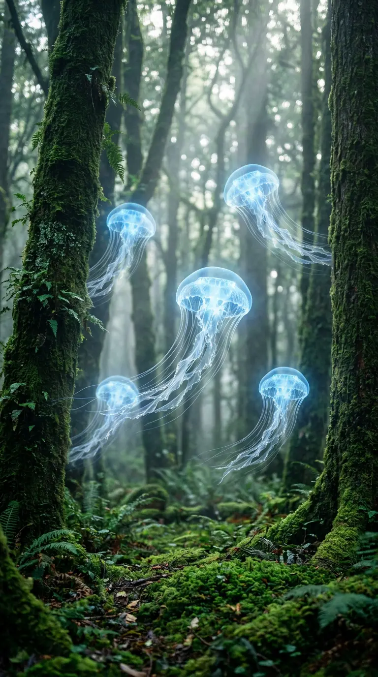 Schwebende Quallen im mystischen Nebelwald