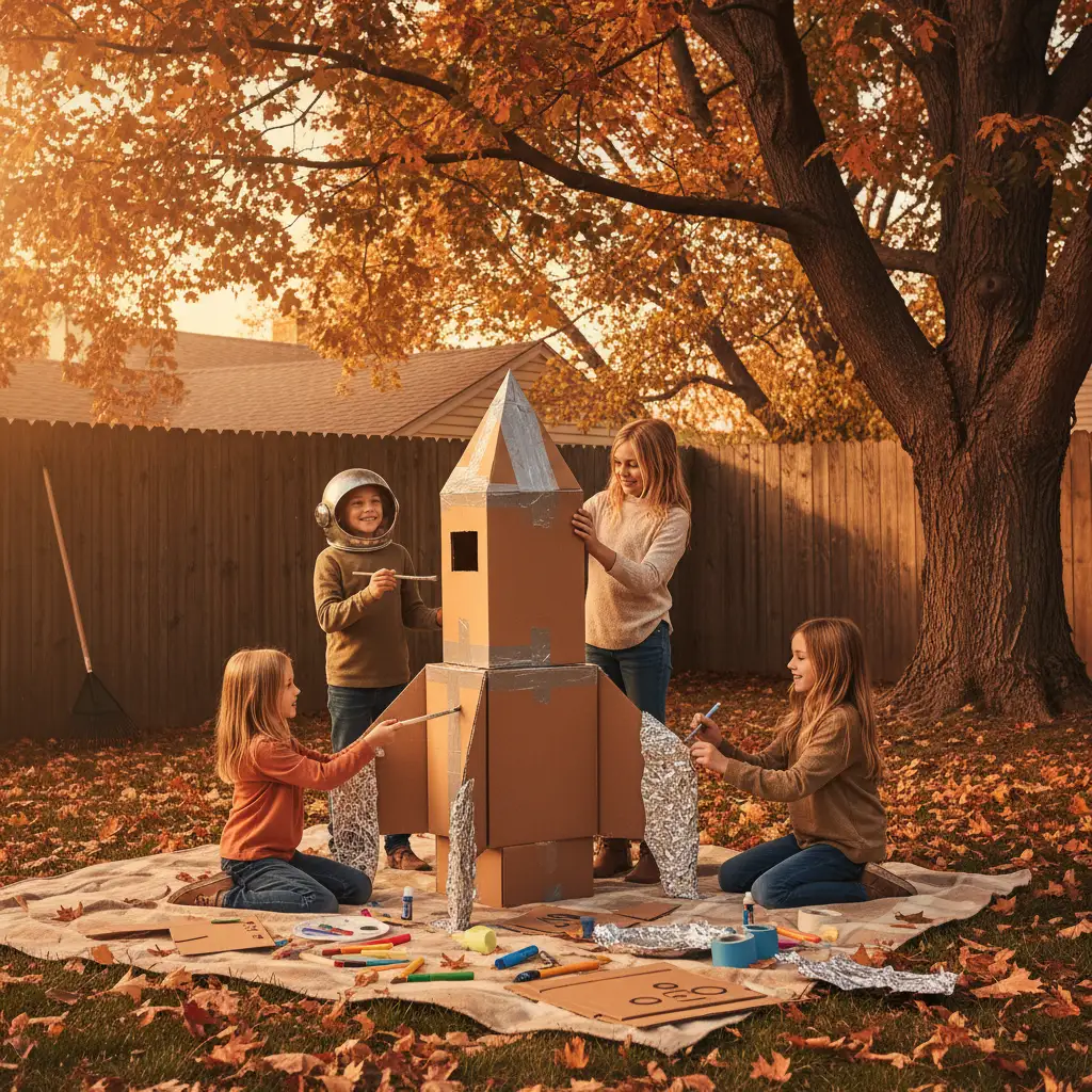 Kinder bauen Pappkarton-Raumschiff