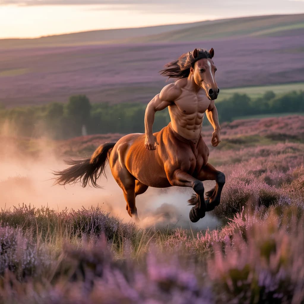 Zentaur im Galopp durch Heidelandschaft