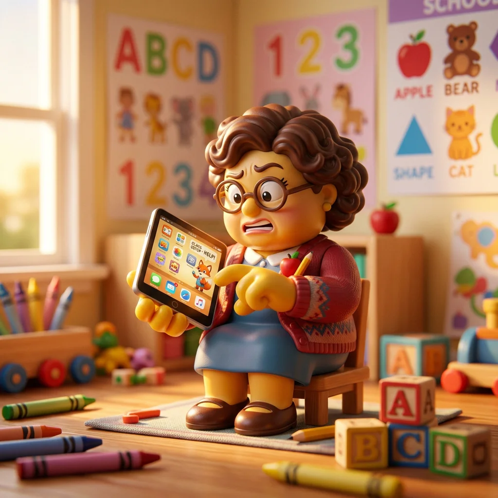 Verzweifelter Plastik-Lehrer mit Tablet