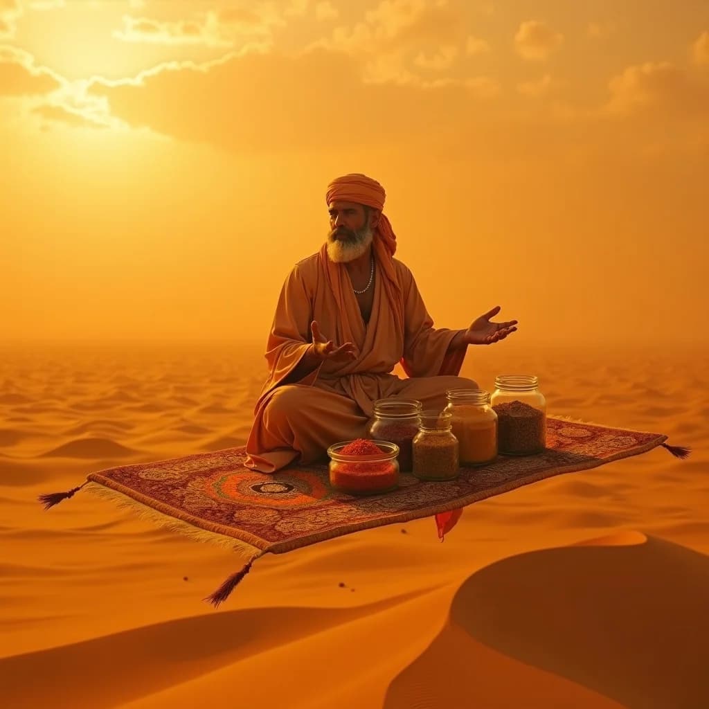 Gewürzhändler auf fliegendem Teppich