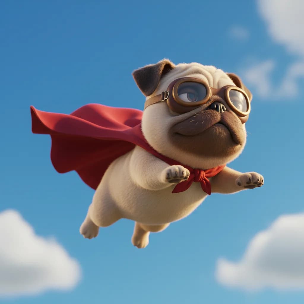 Superhelden-Mops im Heroischen Flugversuch