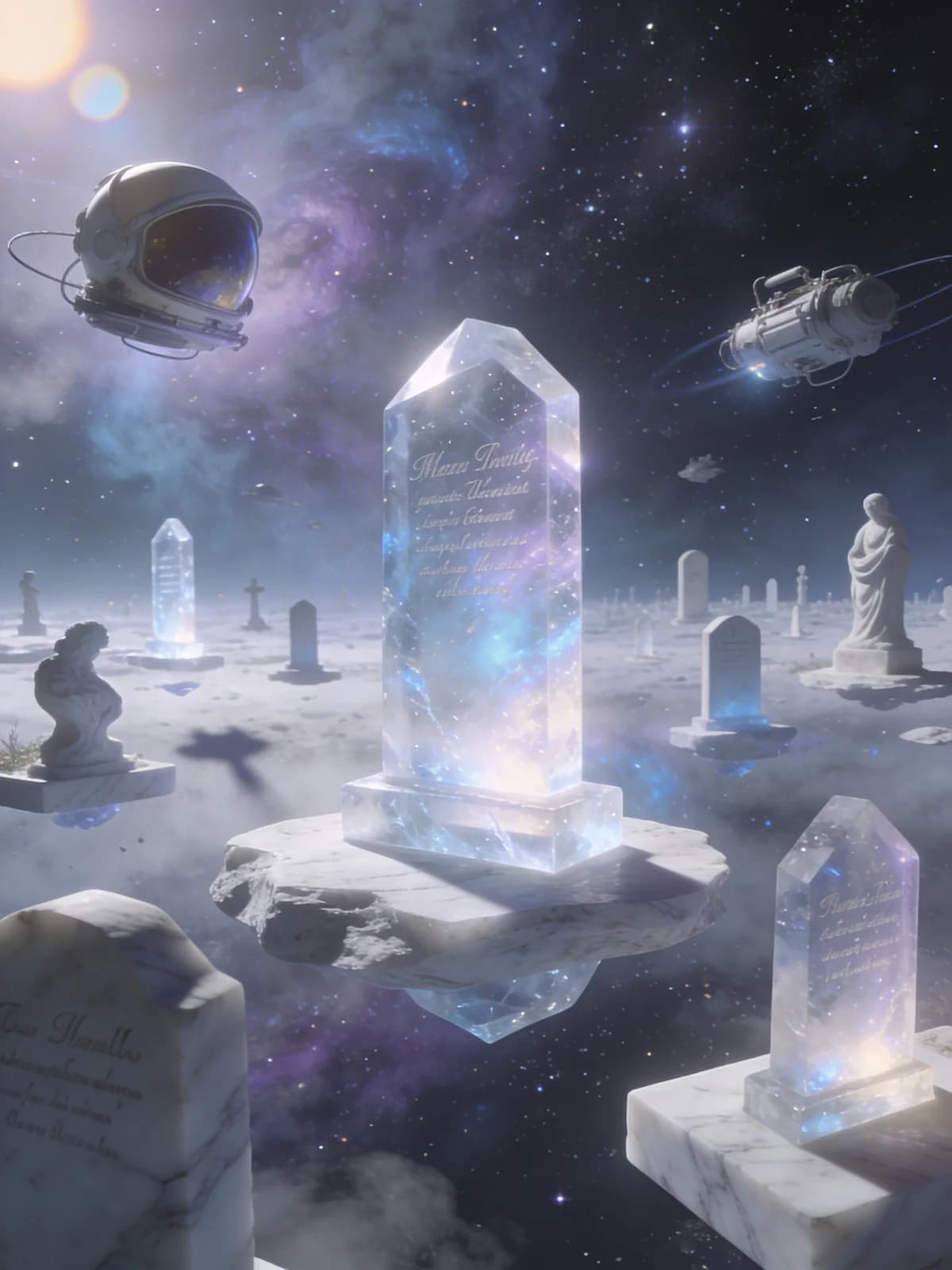Kosmischer Friedhof mit schwebenden Monumenten