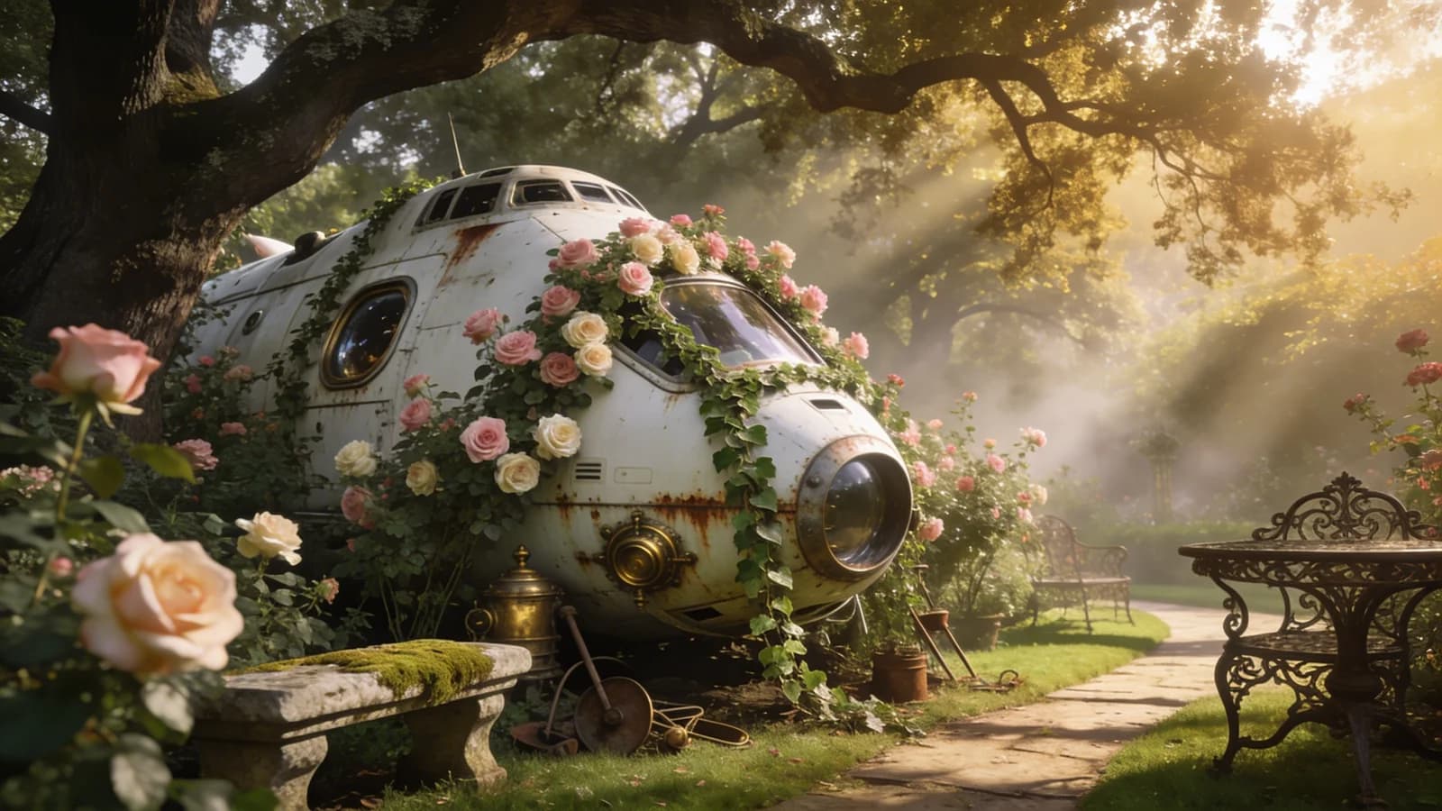 Verlassene Raumkapsel im viktorianischen Garten