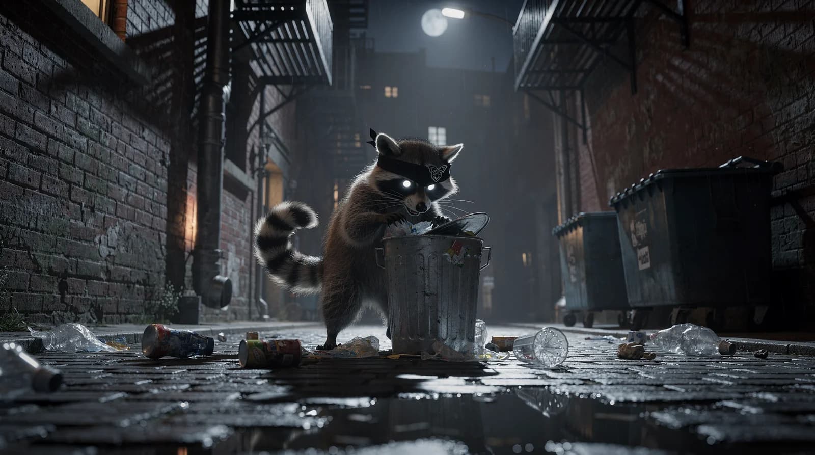 Maskierter Waschbär-Dieb im Mondschein