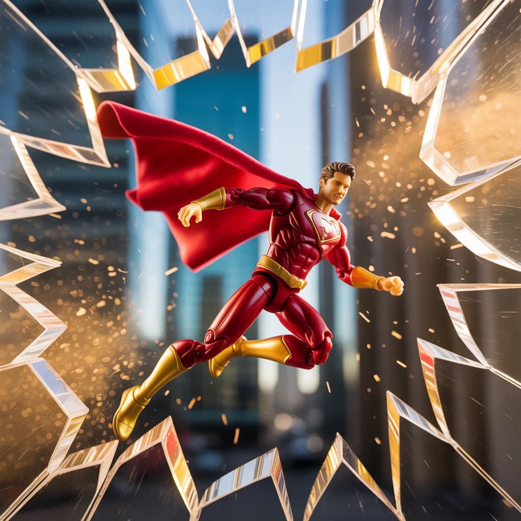 Actionfigur springt durch Fenster