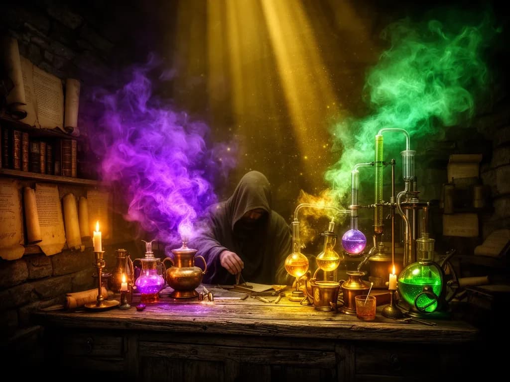 Magisches Alchemistenlabor mit bunten Dämpfen