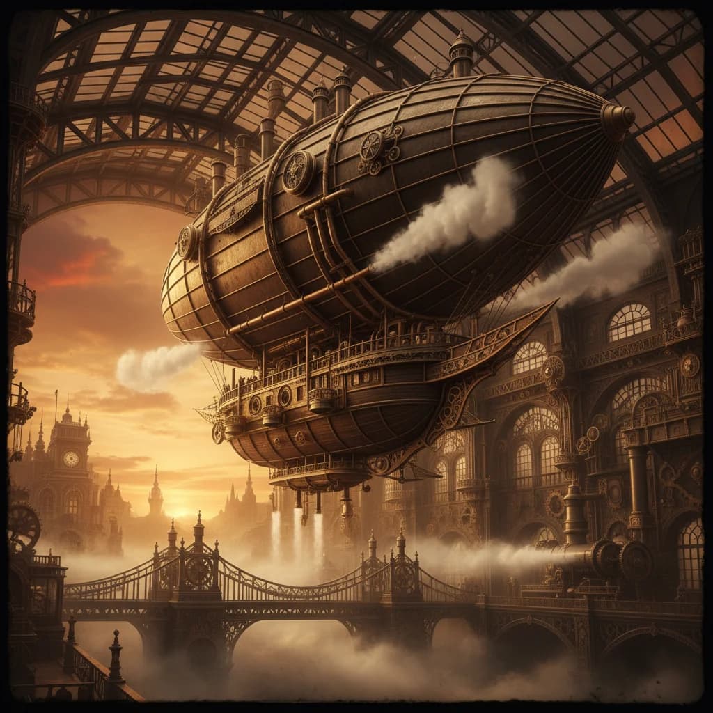 Steampunk-Zeppelin startet bei Sonnenuntergang
