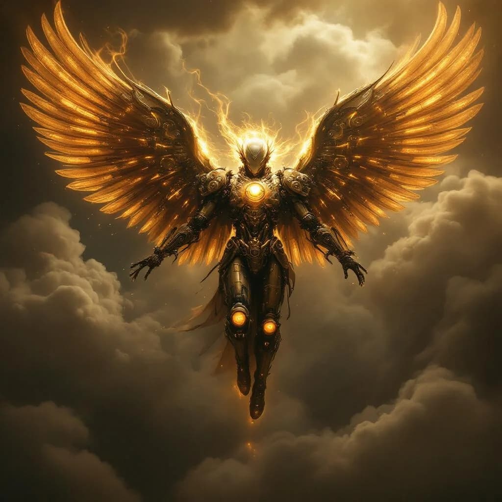 Mechanischer Gott im Steampunk-Himmel