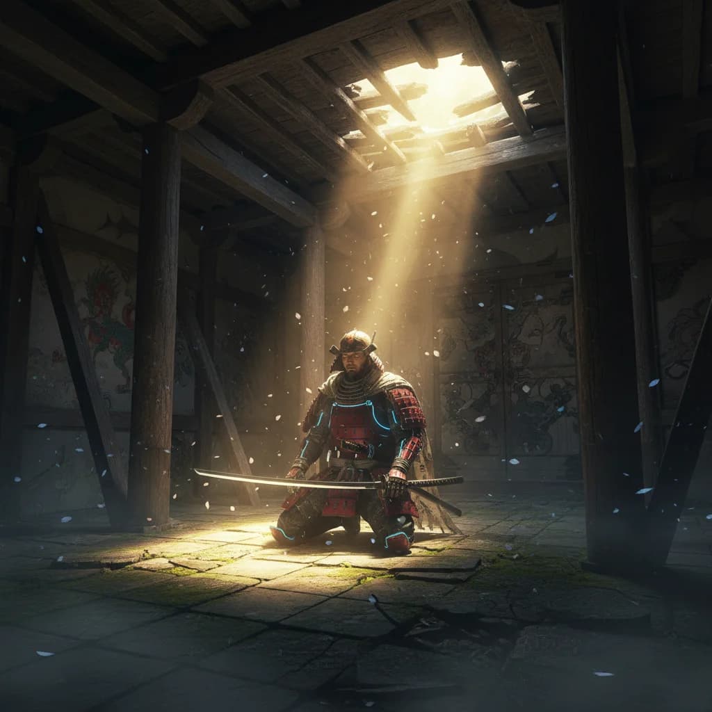 Cyber-Samurai in verlassener Pagode