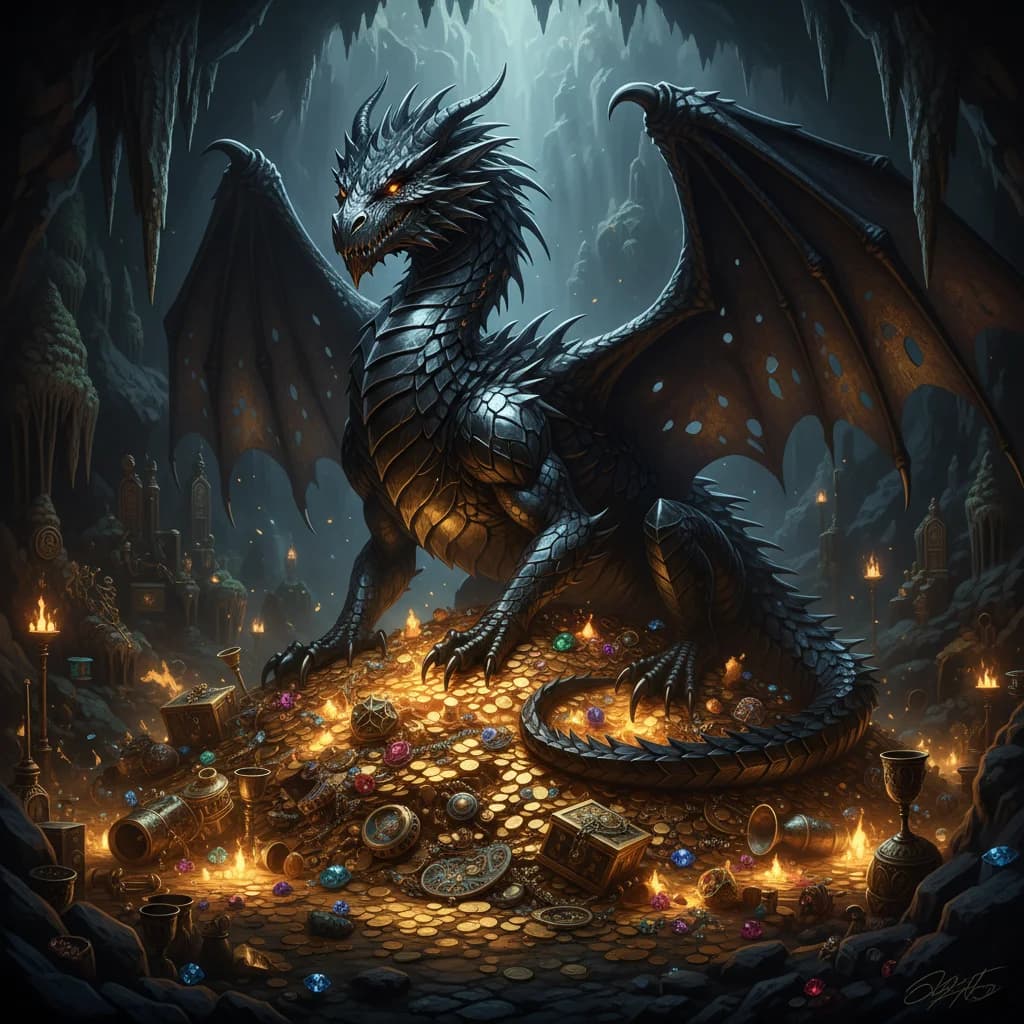 Obsidian-Drache auf Goldschatz