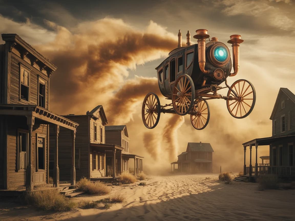 Retro-futuristische Geisterstadt mit fliegenden Kutschen