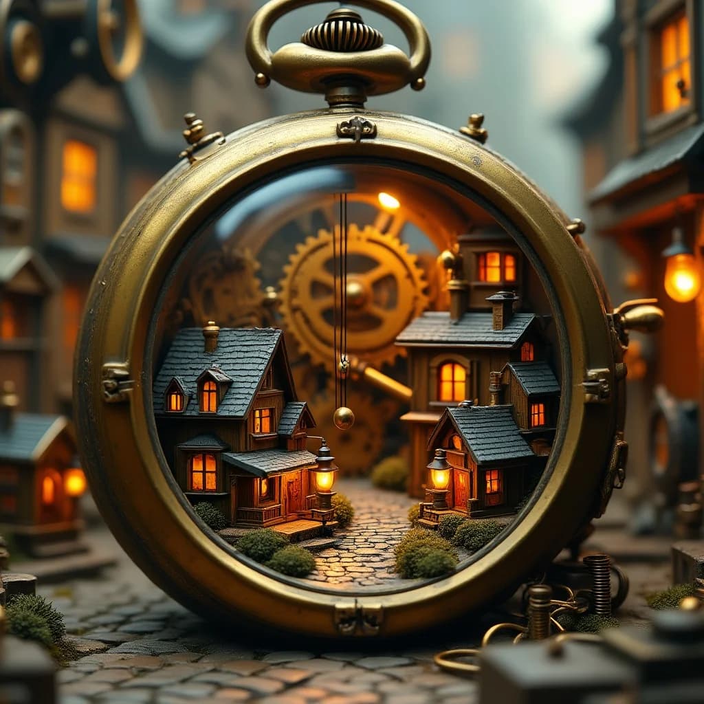 Uhrenwerk-Dorf in antikem Zeitmesser