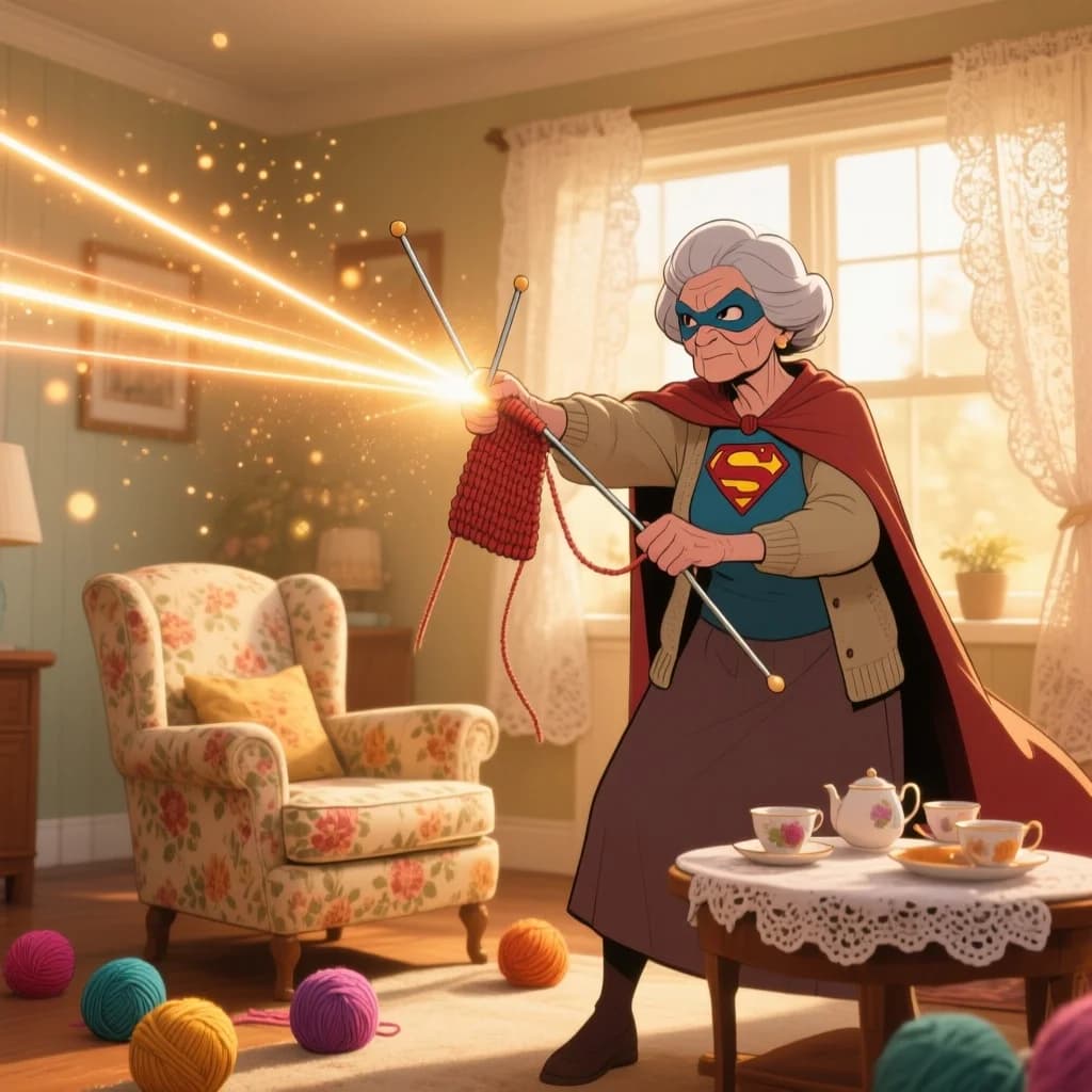 Oma Superheldin mit Stricknadel-Lasern