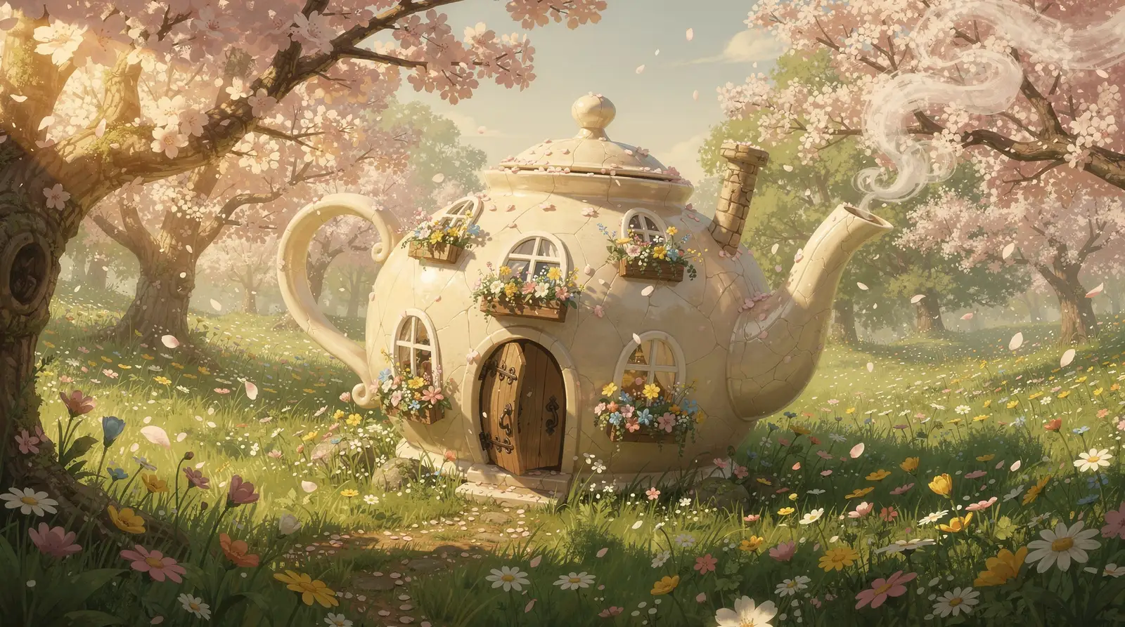 Märchenhaftes Teekannen-Haus im Kirschblütenregen