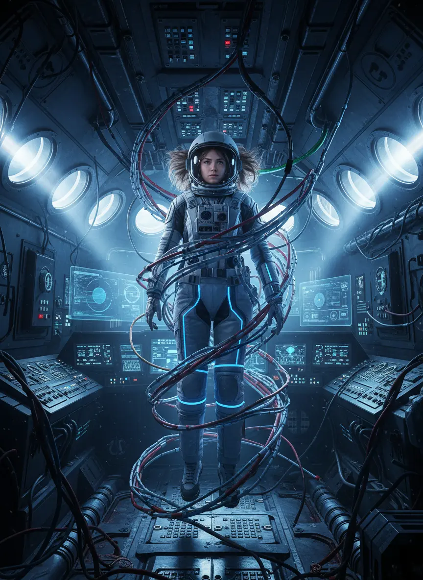 Astronautin im schwerelosen Kabelsalat