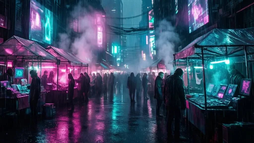 Cyberpunk-Marktplatz im Neonregen